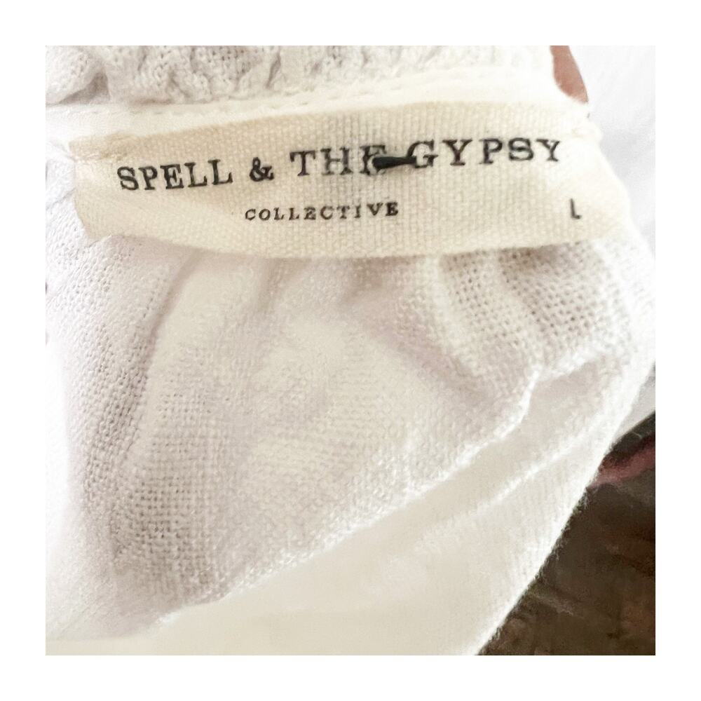 Spell & The Gypsy Blouse Women's Large White Linen Tassel Ties Bohemian Peasant - Picture 10 of 14